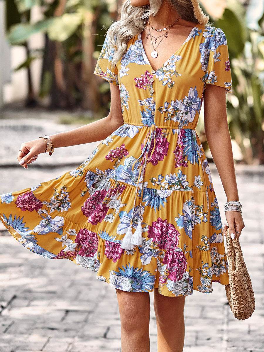 Women Casual floral summer dress  Printed V-neck short sleeve Mini Dress - www.Shopthatapp.com