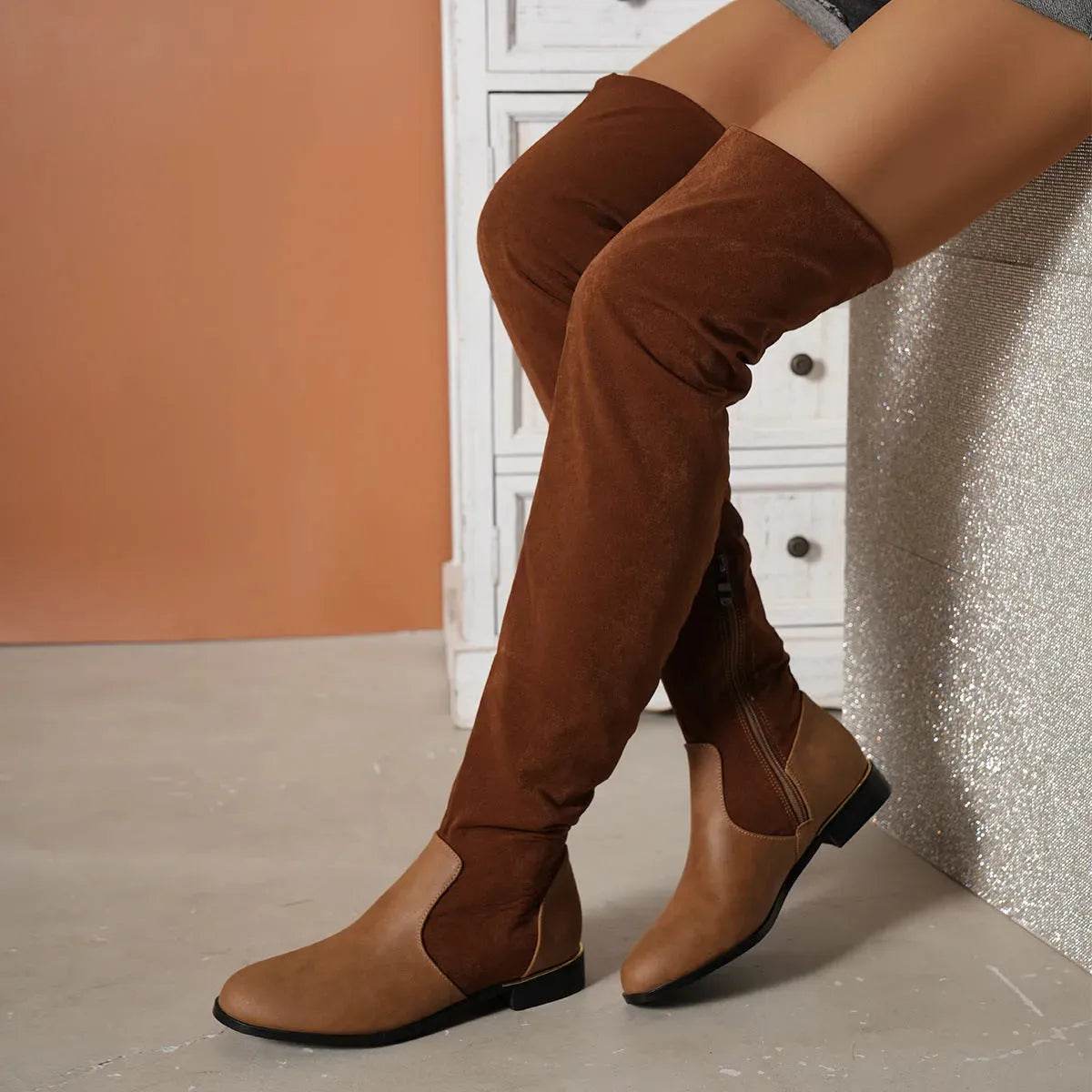 Fashion Over-the-knee Boots For Women Suede Stitching Low-heeled Long Boots With Side Zipper Design Party Shoes Winter - www.Shopthatapp.com