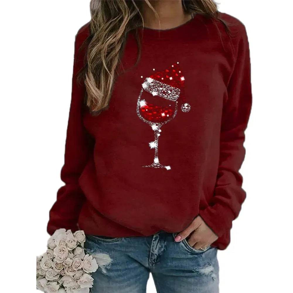 Clothing Christmas Women's Sweater Christmas Hat Red Wine Glass Graphic Print Crew Neck Long-sleeved Sweater - www.Shopthatapp.com