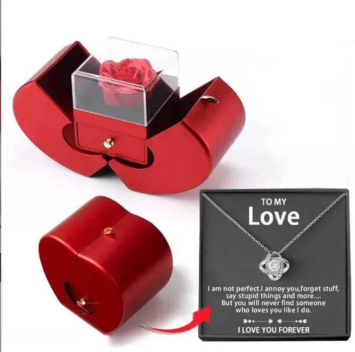 Fashion Jewelry Box Red Apple Christmas Gift Necklace Eternal Rose For Girl Mother's Day Valentine's Day Gifts With Artificial Flower Rose Flower Jewelry Box - www.Shopthatapp.com