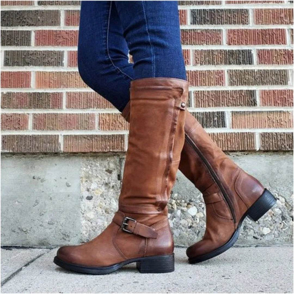 Round Toe Low Heel High Leg Boot - www.Shopthatapp.com