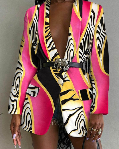 Fashion Printed Shawl Collar Single-breasted Belt Vintage Blazer Women - www.Shopthatapp.com