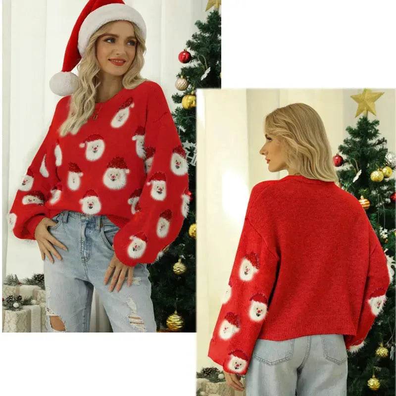 Christmas Sweater Women Cute Cartoon Santa Print Knit Sweater Winter Tops - www.Shopthatapp.com