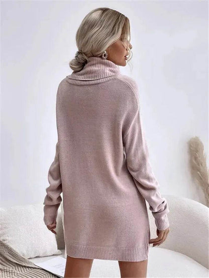 Autumn Winter Solid Cashmere  Loose  Mini Turtleneck sweater Dress - www.Shopthatapp.com
