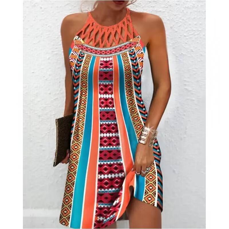 Fashion Print Dress Casual Halterneck Dresses For Women Summer Clothes - www.Shopthatapp.com