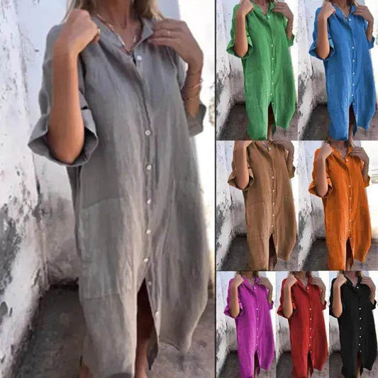 Women Loose Casual Half Sleeve Cotton Linen Buttoned down  Shirt Dress - www.Shopthatapp.com