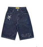 Full Embroidery Dark Blue Denim Shorts Men Jeans