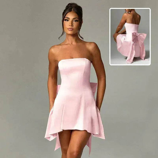 Women's Mini Tube Dress With Big Bow Summer Fashion Tube Top Short Skater Dress. - www.Shopthatapp.com