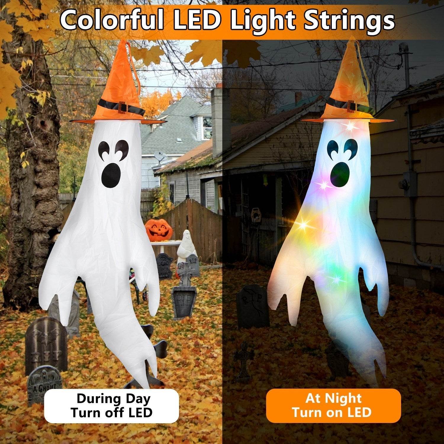 4Pcs Per Set Halloween Ghosts With Witch Hats Windsocks Hanging Decoration With Colorful LED Light Outdoor Flag Wind Socks Halloween Party Decoration For Yard Garden Tree - www.Shopthatapp.com