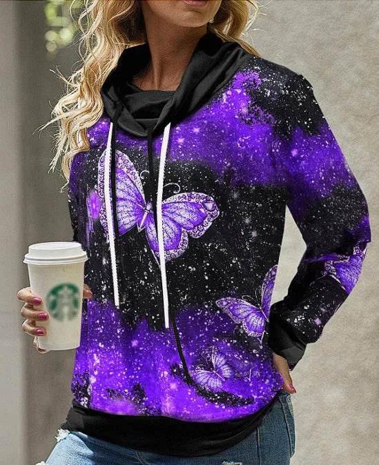 New Fashion Women's Pile Collar Printed Hoodie Pullover Top - www.Shopthatapp.com