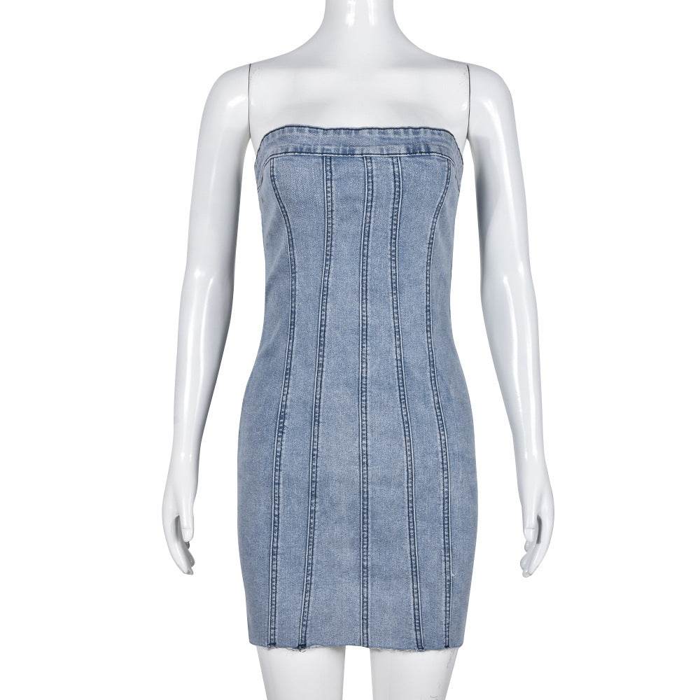 Fashion Backless Tube Denim Dress Summer Sexy Y2K Slim Short Dresses For Women Clothing - www.Shopthatapp.com