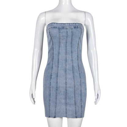 Fashion Backless Tube Denim Dress Summer Sexy Y2K Slim Short Dresses For Women Clothing - www.Shopthatapp.com