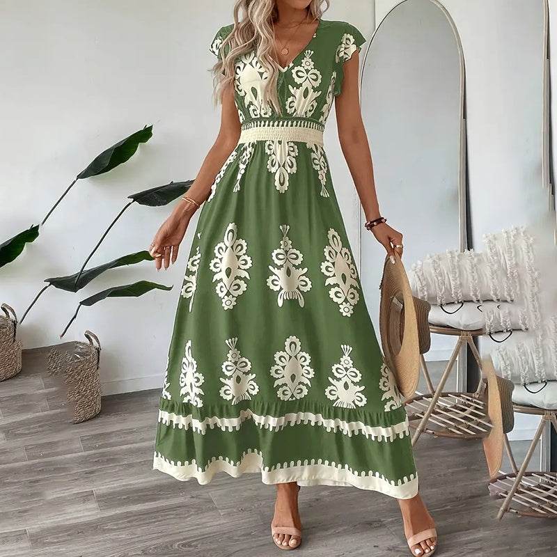 Women's Summer Flowy Maxi Dress Casual Cap Sleeve V Neck Smocked Waist Beach Sundress - www.Shopthatapp.com