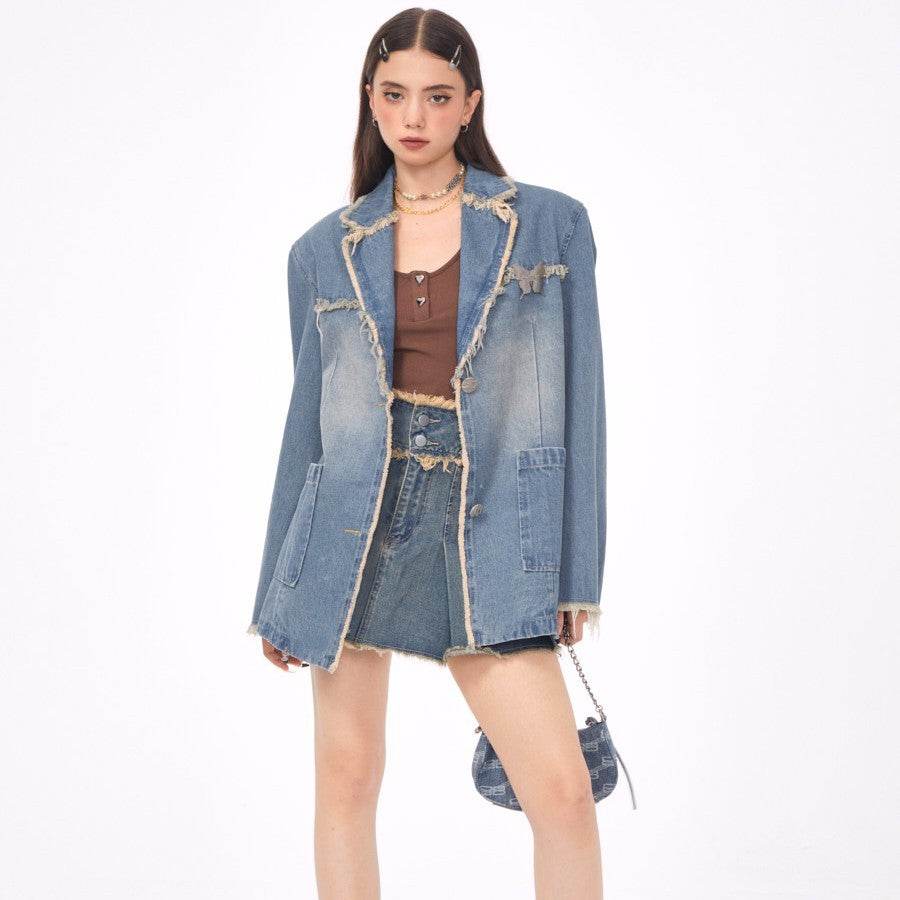 Loose Denim Jacket Polo Collar Single-Breasted Design - www.Shopthatapp.com