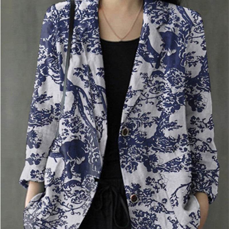 Women's floral Cotton Linen jacket Pocket Blazer - www.Shopthatapp.com