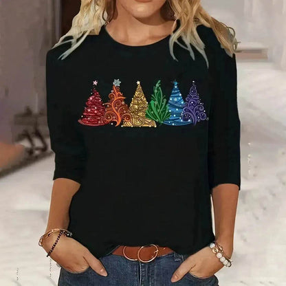 Women's Long-sleeved T-shirt Christmas Tree Printed Round Neck Loose Casual - www.Shopthatapp.com