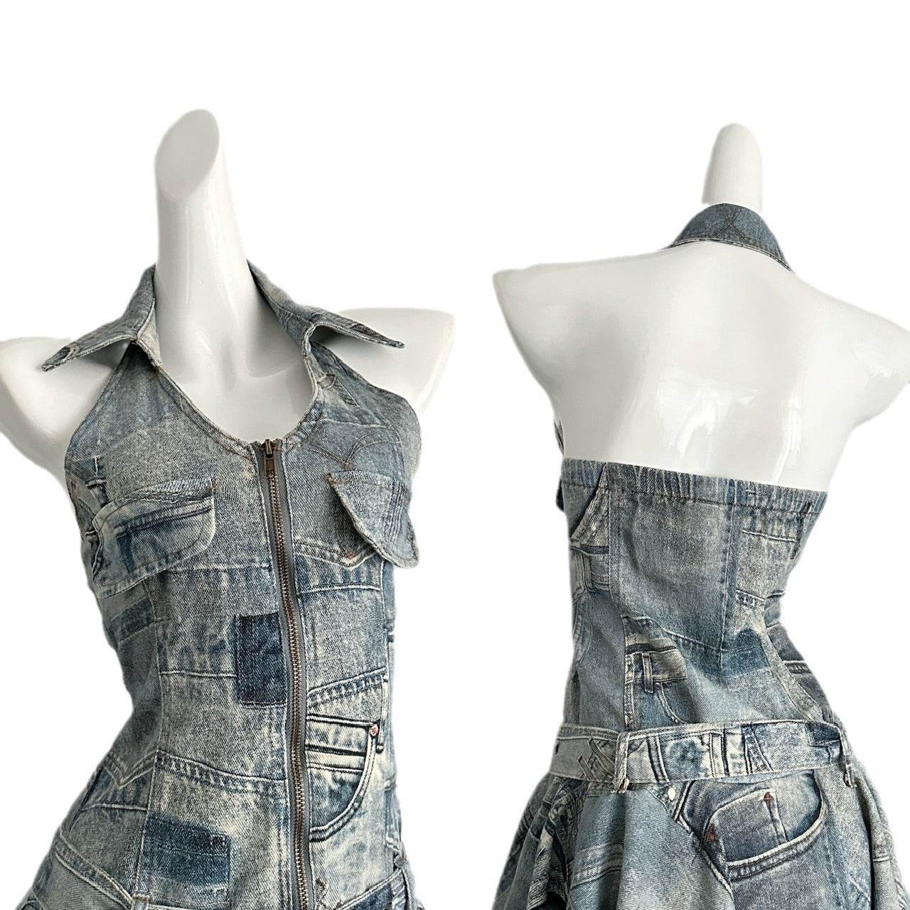 Waist-tight Halter Denim Dress Women's Distressed Retro Slimming Skirt - www.Shopthatapp.com