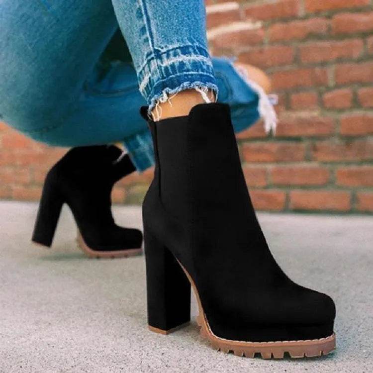 Round-toe Ankle Boots Solid Leopard Print Thick Square High Heel Shoes Ladies Casual Fashion Autumn Winter Suede Dress Party Boots - www.Shopthatapp.com
