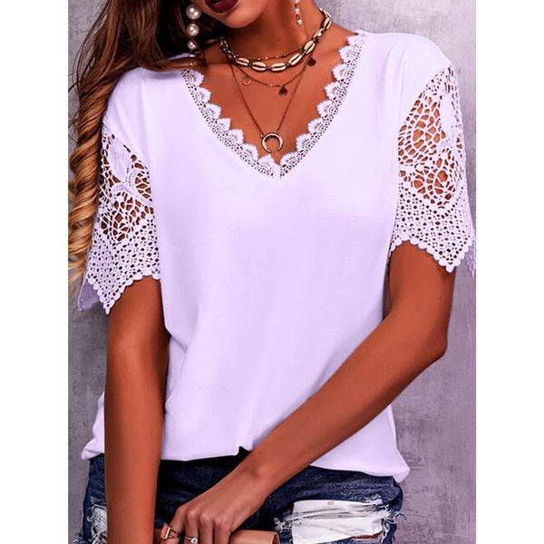 Summer Lace Tops Loose V Neck Short Sleeve Casual top - www.Shopthatapp.com