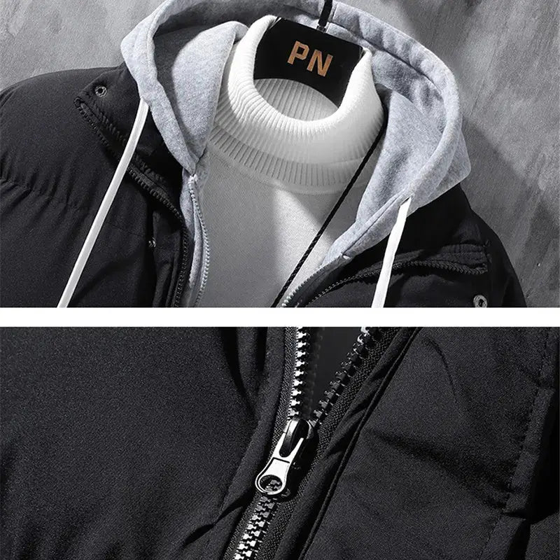 Fashion Hooded Jacket Men Winter Windproof Thickened Two-piece Coat Solid Leisure Sports Cotton Jacket - www.Shopthatapp.com