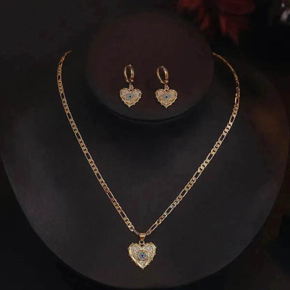 Fashion Jewelry Personality Copper Plated Real Gold Heart-shaped Zircon Pendant Necklace And Earrings Suite - www.Shopthatapp.com