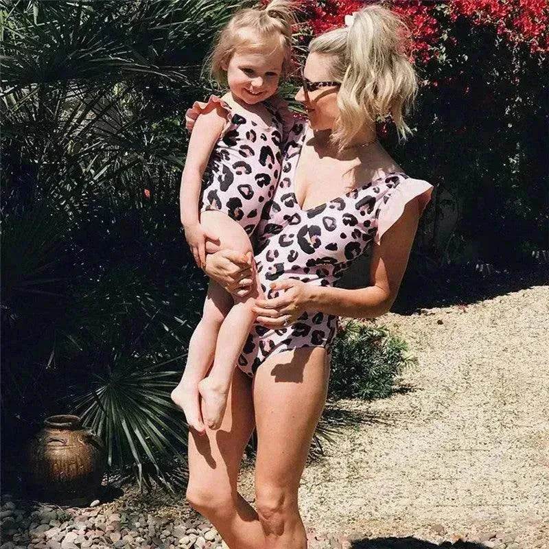 Fashion Simple Pink Leopard Print Parent-child Swimsuit - www.Shopthatapp.com