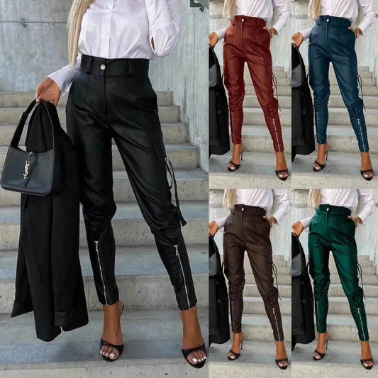 Fashion Slim-fitting Leather Trousers Women Waist-cinching Zipper Design Pants With Pockets - www.Shopthatapp.com