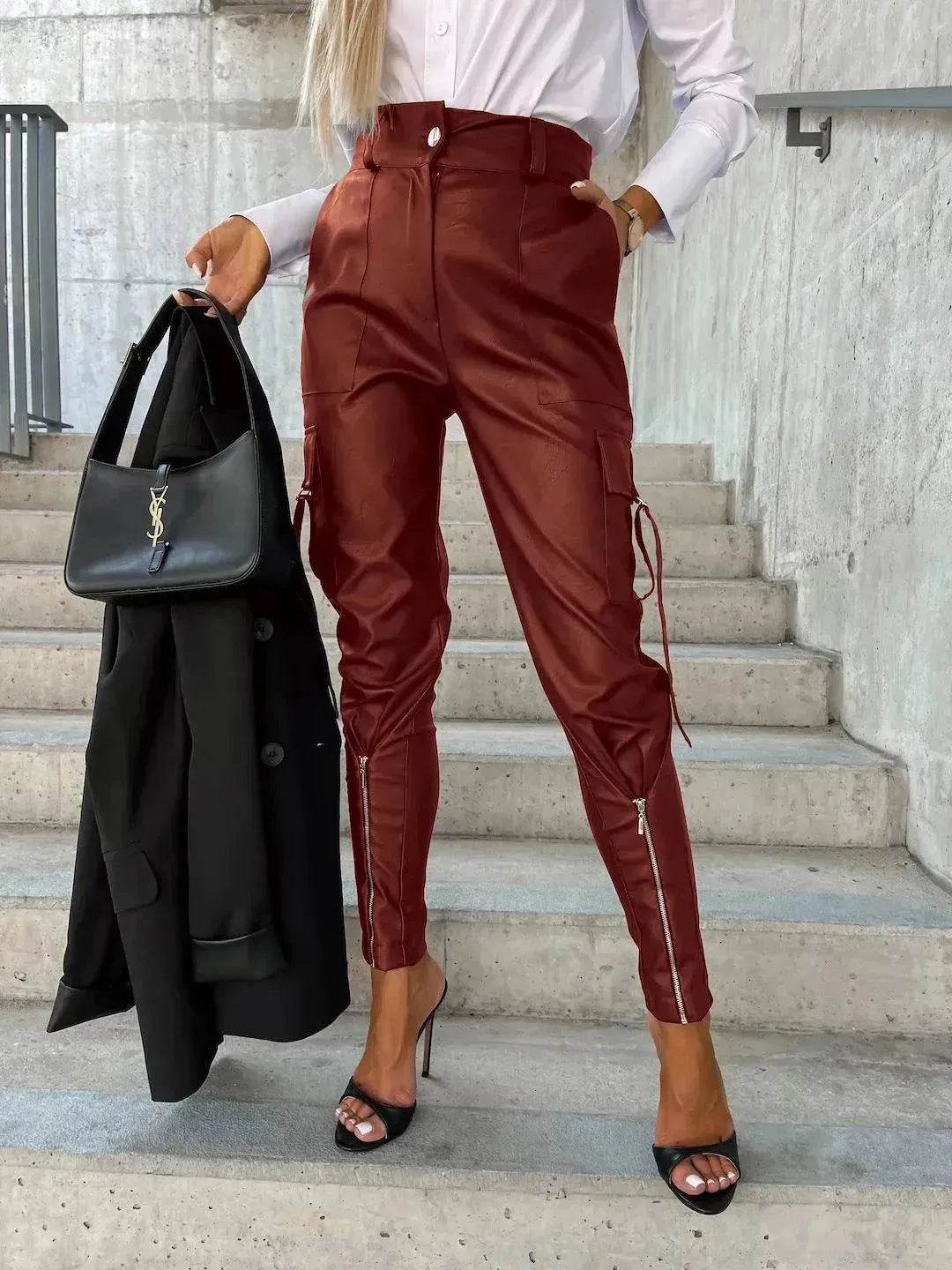 Fashion Slim-fitting Leather Trousers Women Waist-cinching Zipper Design Pants With Pockets - www.Shopthatapp.com