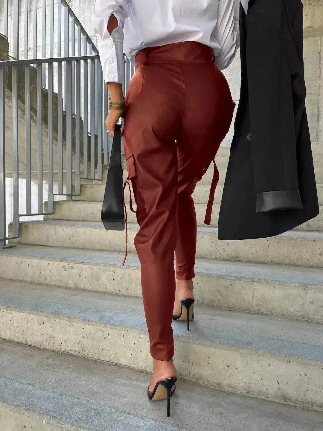 Fashion Slim-fitting Leather Trousers Women Waist-cinching Zipper Design Pants With Pockets - www.Shopthatapp.com