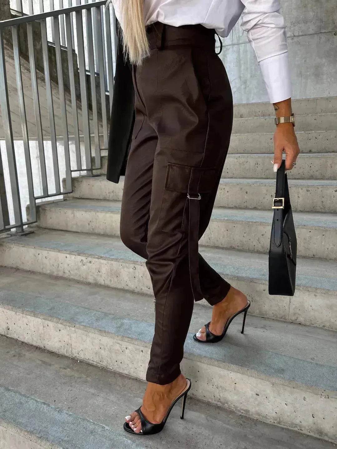 Fashion Slim-fitting Leather Trousers Women Waist-cinching Zipper Design Pants With Pockets - www.Shopthatapp.com