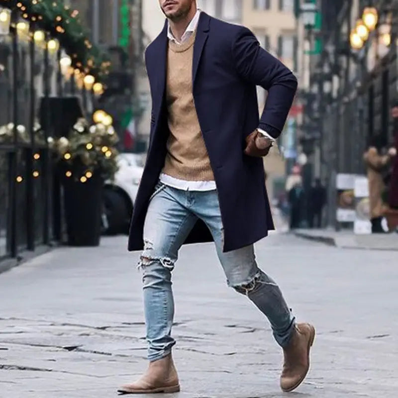 Fashion Winter Men's Trench Long Jackets Coats Overcoat Classic Jackets Solid Slim Fit Outwear Hombre Men Clothes Khaki Black - www.Shopthatapp.com