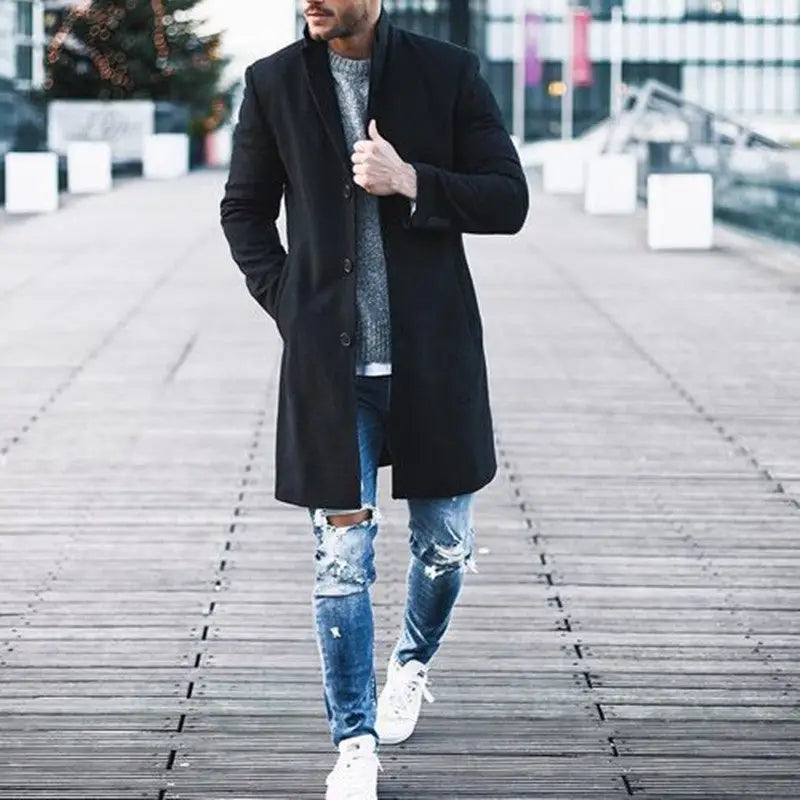 Fashion Winter Men's Trench Long Jackets Coats Overcoat Classic Jackets Solid Slim Fit Outwear Hombre Men Clothes Khaki Black - www.Shopthatapp.com