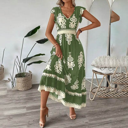 Women's Summer Flowy Maxi Dress Casual Cap Sleeve V Neck Smocked Waist Beach Sundress - www.Shopthatapp.com