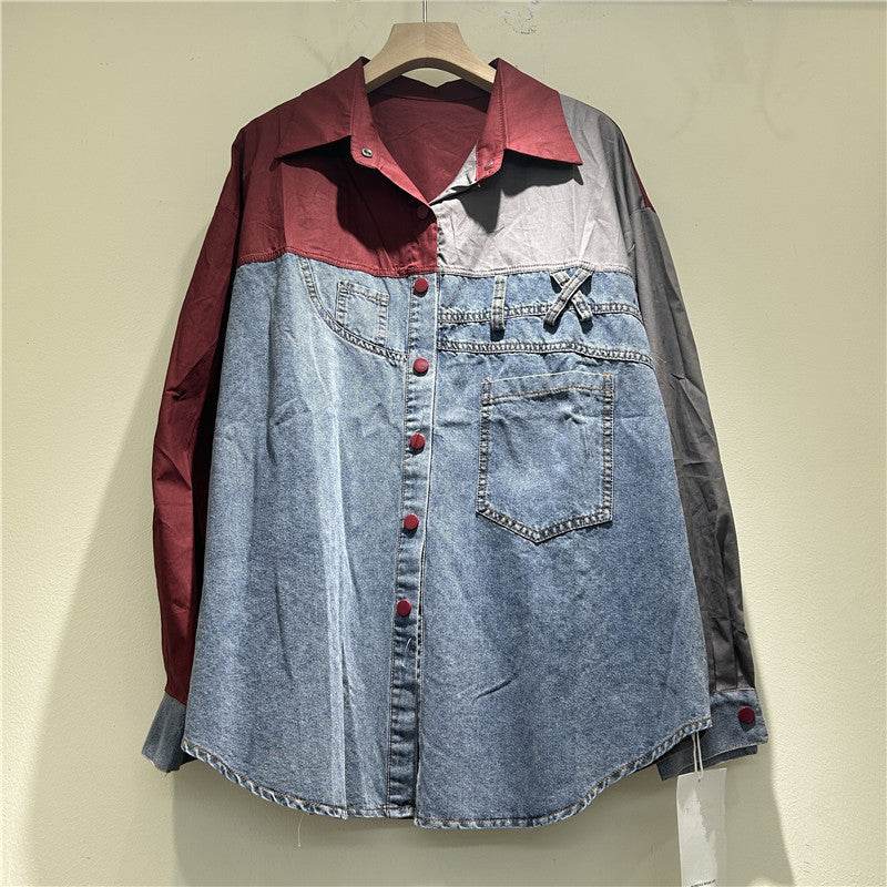 High-grade Contrast Color Patchwork Cotton Denim Long Sleeve Loose Shirt Women - www.Shopthatapp.com