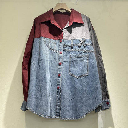 High-grade Contrast Color Patchwork Cotton Denim Long Sleeve Loose Shirt Women - www.Shopthatapp.com
