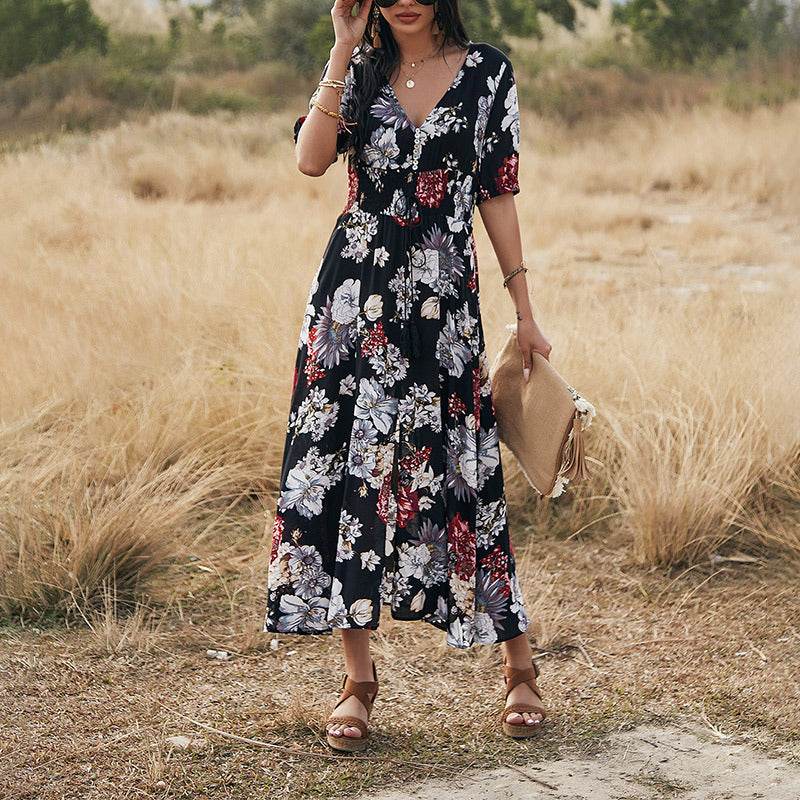 Floral Summer Beach Dress With V Neck Elastic Waist Dresses For Women - www.Shopthatapp.com