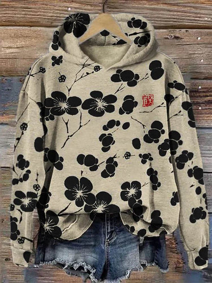 Women Fashion Spring And Autumn Plum Blossom Hooded Super Plus Size Loose-fitting Casual Pullover - www.Shopthatapp.com