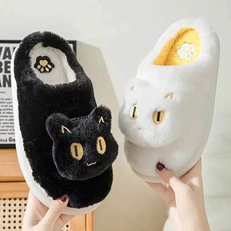 Winter Cotton Cat Slippers Soft Plush Comfy Warm Couple Slip-On House Cute Cat Face Slippers For Winte - www.Shopthatapp.com
