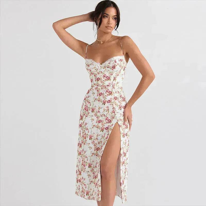 Women's Floral Spaghetti Strap Cami Dress Lace Trim Side Slit Bodycon Midi summer Dress - www.Shopthatapp.com