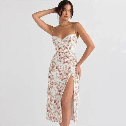 Women's Floral Spaghetti Strap Cami Dress Lace Trim Side Slit Bodycon Midi summer Dress - www.Shopthatapp.com
