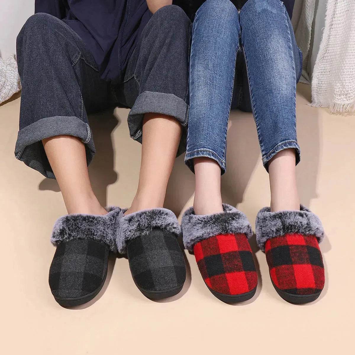 Winter Warm Plaid Plush Slippers Home Indoor Non-slip Bedroom Floor Soft Fuzzy Slipper For Couple Fashion Solid House Shoes - www.Shopthatapp.com