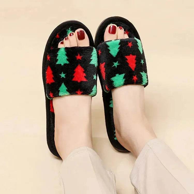 Christmas Tree Home Slippers Fashion Floor Bedroom Open-toe Plush Slippers For Women Fuzzy House Shoes - www.Shopthatapp.com