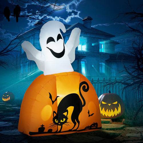 HOMCOM 5ft Halloween Inflatables Outdoor Decorations Ghost With Pumpkin, Outdoor Blow Up Yard Decor With LED Lights For Garden, Lawn, Party, Holiday - www.Shopthatapp.com