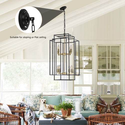 8 Lights Black & Gold Lantern Tiered Chandelier, Industrial Farmhouse Chandelier - No Bulbs - www.Shopthatapp.com