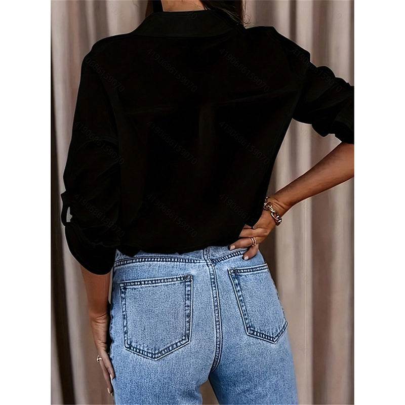 Women's Casual Long Sleeve Button-Down Shirt With Roll-Up Sleeves, Stylish Mid-Length Blouse For Everyday Wear - www.Shopthatapp.com