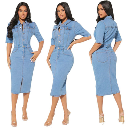 Women's Fashion Personality fitted Denim Hip-wrapped Jeans Midi straight cut front split Dress - www.Shopthatapp.com