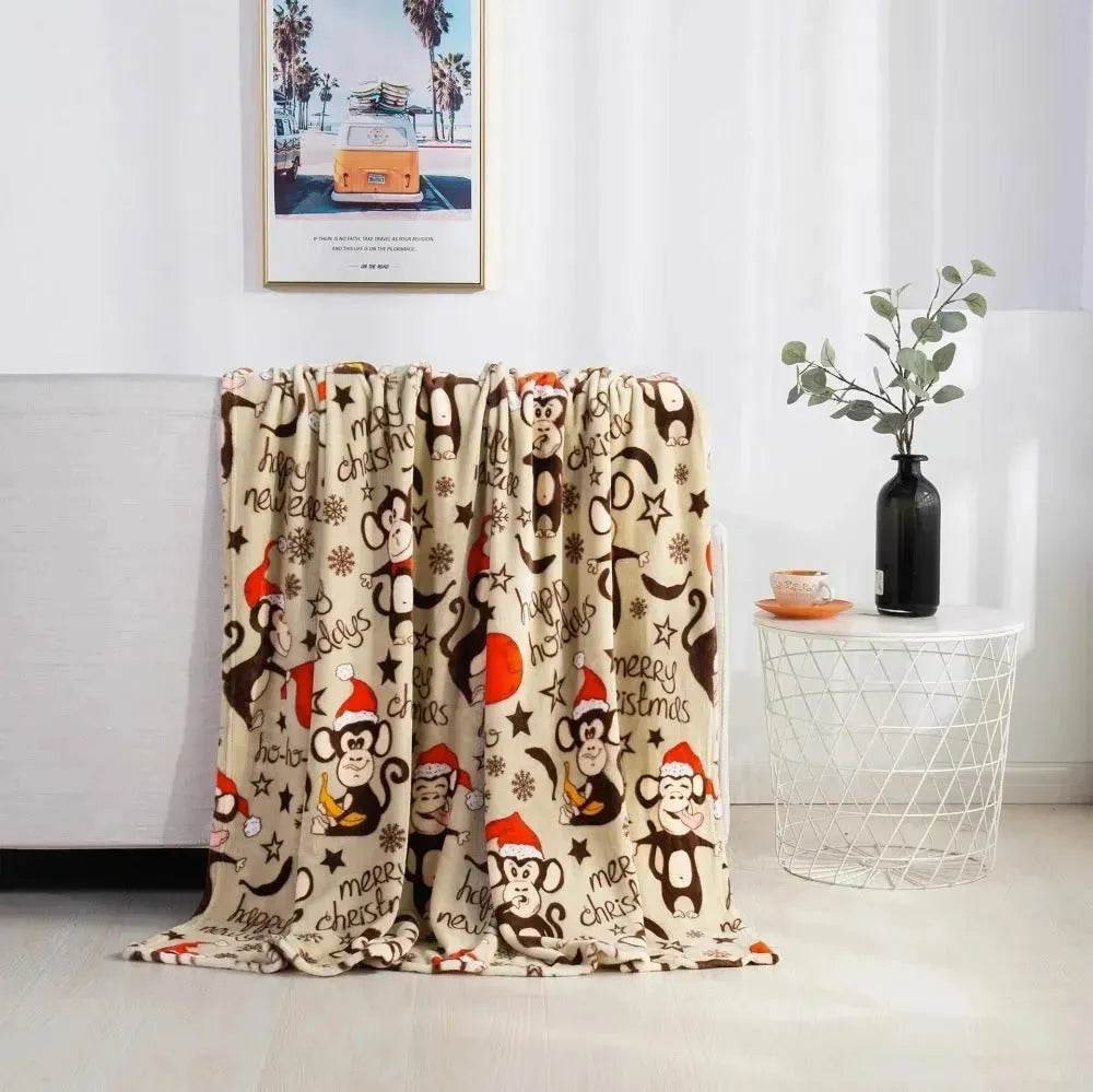 Christmas Elk Snowman Santa Claus Print Blanket Winter Double-sided Flannel Blanket For Sofa Sleeping Shawl - www.Shopthatapp.com