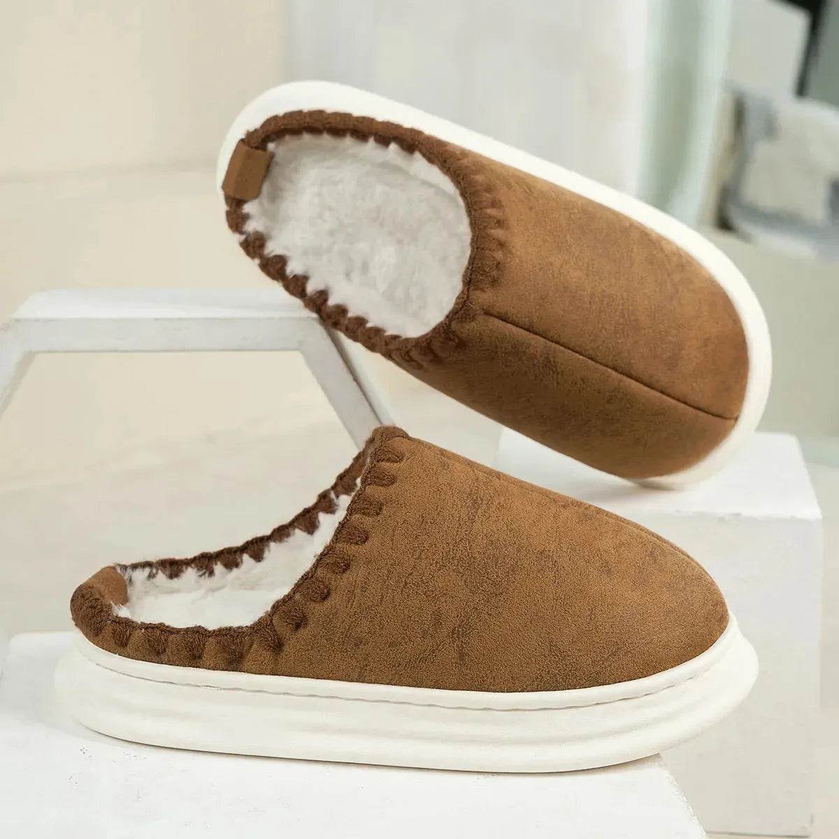 Winter Fashion Cotton Slippers With Sewing-side Design Indoor Non-slip Bedroom Floor Plush Slipper House Shoes Women Couple - www.Shopthatapp.com