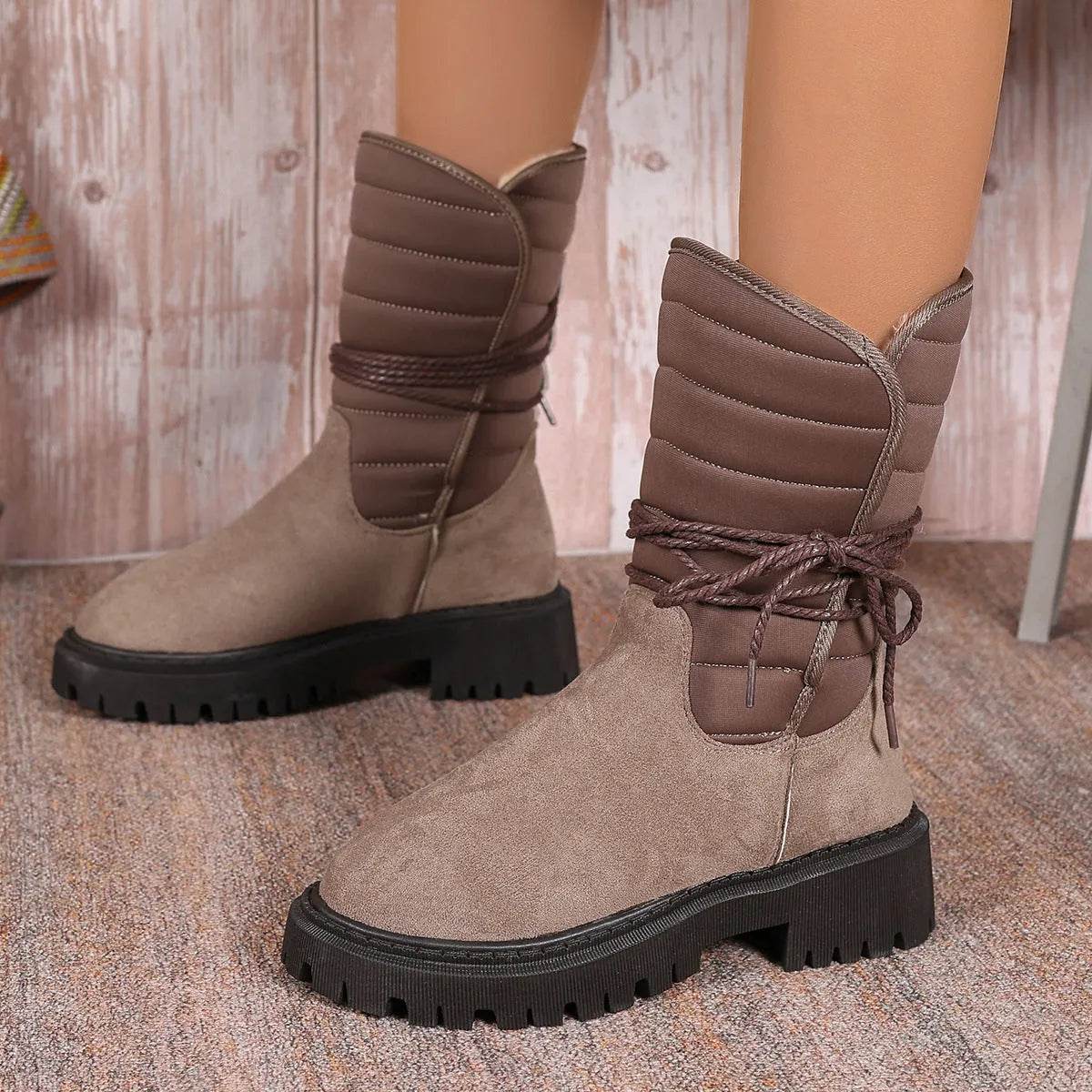 Fashion Mid-calf Snow Boots With Lace-up Design Winter Warm Thickened Low-heeled Boot Women's Casual Shoes Outdoor - www.Shopthatapp.com