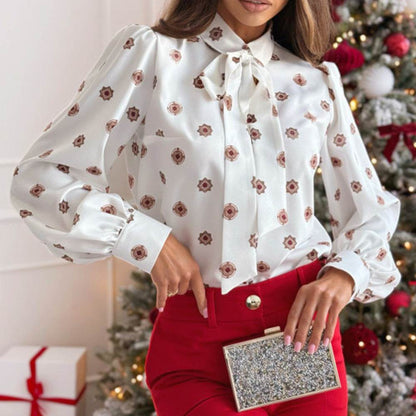 Printed Long Sleeve Bowknot Lining Business Office Formal Work shirt For Women - www.Shopthatapp.com